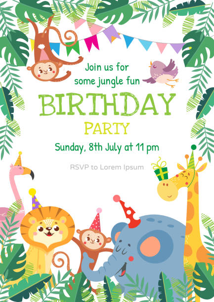 ilustraciones, imágenes clip art, dibujos animados e iconos de stock de tarjetas de felicitación de cumpleaños con animales lindos - cartoon monkey animal tree