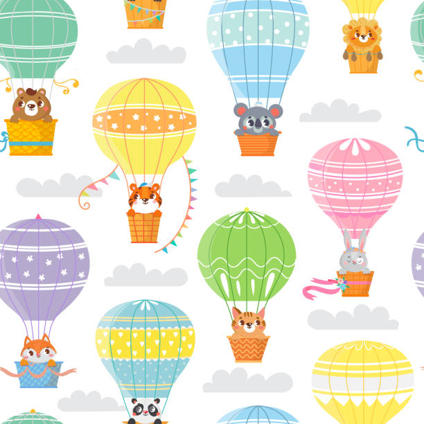 ilustrações de stock, clip art, desenhos animados e ícones de seamless pattern with colorful hot air balloons and funny animals - air nature high up pattern