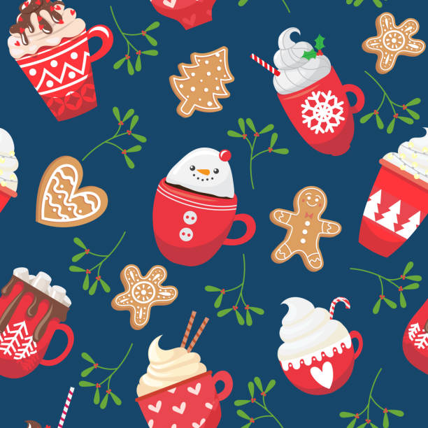 Seamless pattern with holiday hot drink and dessert Seamless pattern with holiday hot drink and dessert. Funny cups. Cacao, tea, coffee, milk, cookie.Vector illustration christmas cookies pattern stock illustrations