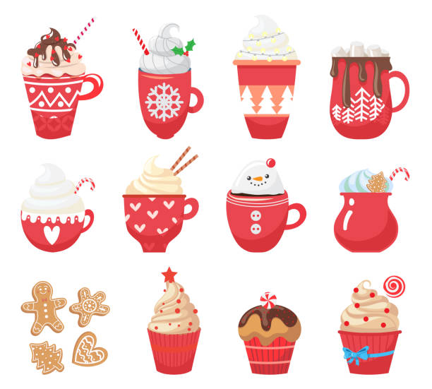 Set with winter hot drinks and dessert Set with winter hot drinks and dessert. Menu. Collection Christmas with funny cups and mug. Cacao, tea, coffee, milk, cookie, candy. Vector illustration holiday cookies stock illustrations