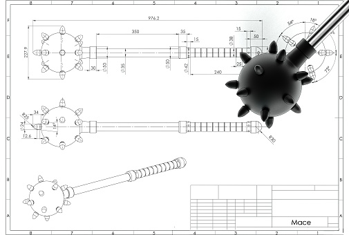 3d rendering of medieval viking mace above technical engineering drawing