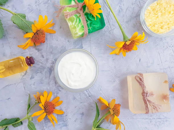 istock cosmetic cream, calendula flower soap 1177729580