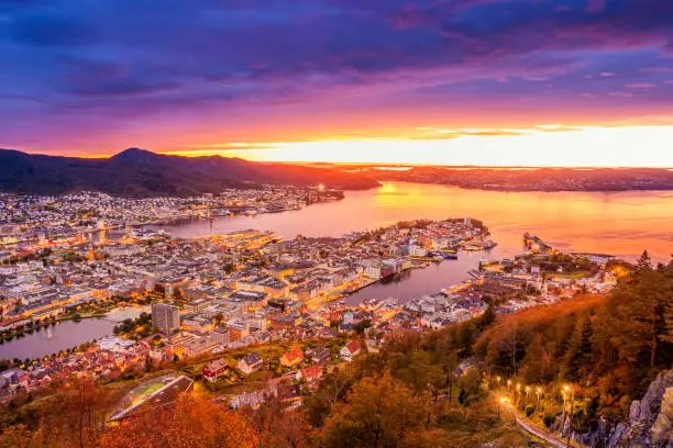 Beautiful view of Bergen city at twilight