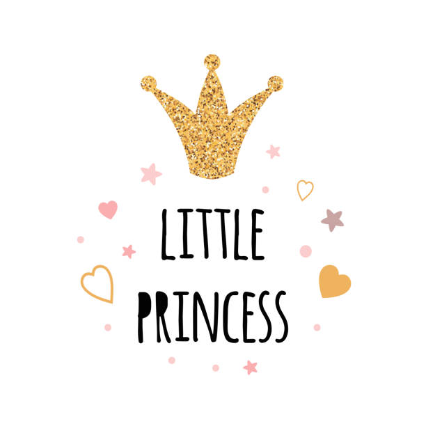 Vector illustration of Little Princess text for girls clothes decorated glittering gold crown pink stars hearts Royal badge card postcard icon Inspirational quote banner. Lettering pink girl poster.