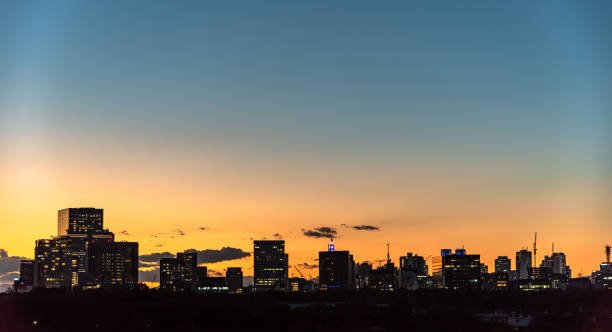 City skyline in dusk, colorful sky horizon