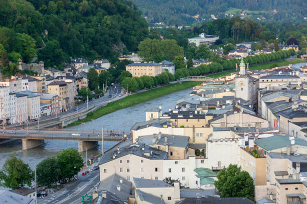 Salzburg historic center and old town from the Kapuzinerberg Hill View of Salzburg, city of Mozart, iconic and historic center and old town from the Kapuzinerberg Hill Kapuzinerberg stock pictures, royalty-free photos & images