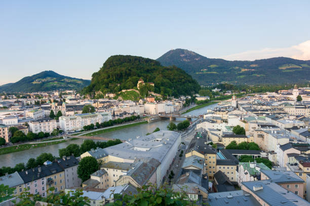 Salzburg historic center and old town from the Kapuzinerberg Hill View of Salzburg, city of Mozart, iconic and historic center and old town from the Kapuzinerberg Hill Kapuzinerberg stock pictures, royalty-free photos & images