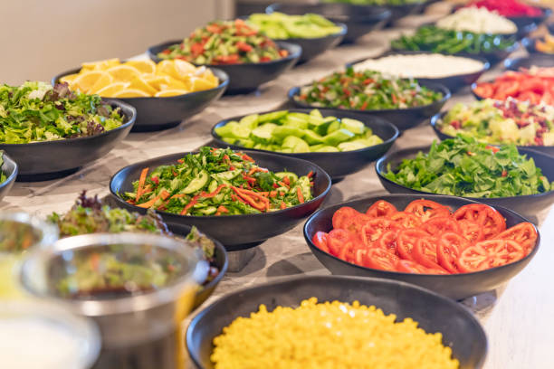 istock Salad bar. Salad trays on buffet ready to eat in restaurant 1177743024