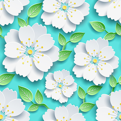 Seamless pattern with white sakura and green leaves