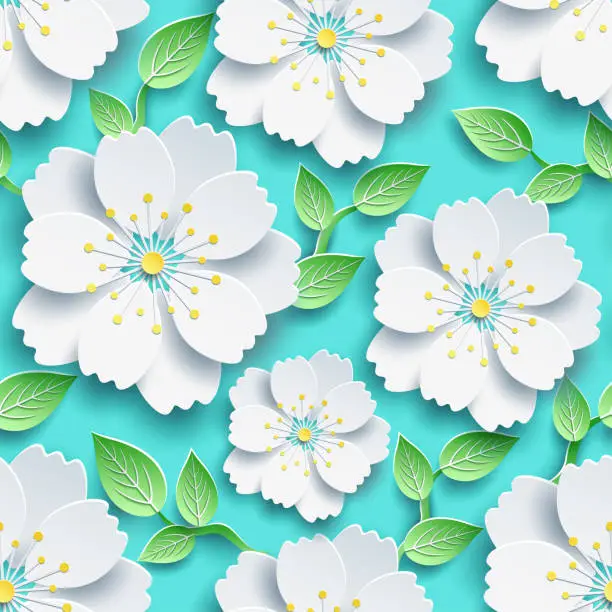Vector illustration of Seamless pattern with white sakura and green leaves