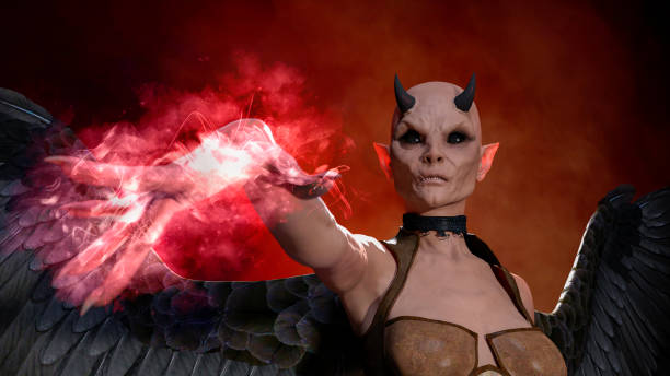 istock Horned female demon posing over red dark background 1177745047