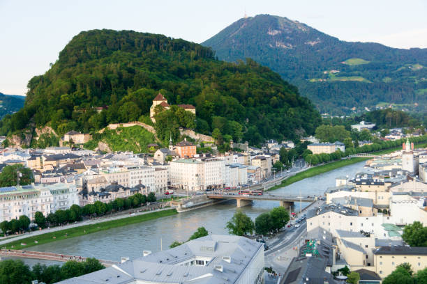 Salzburg historic center and old town from the Kapuzinerberg Hill View of Salzburg, city of Mozart, iconic and historic center and old town from the Kapuzinerberg Hill Kapuzinerberg stock pictures, royalty-free photos & images