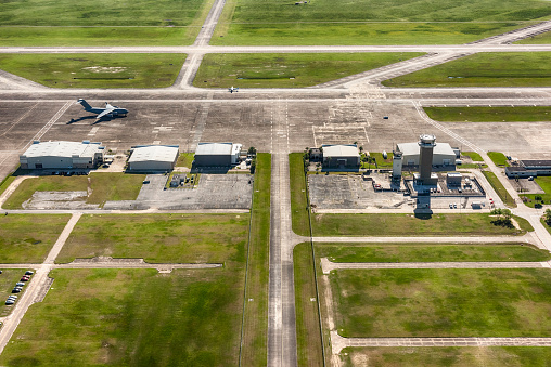 Aerial View of Ellington Airport located in Webster, Texas, which s a joint military and public municipal airport owned by the City of Houston.
