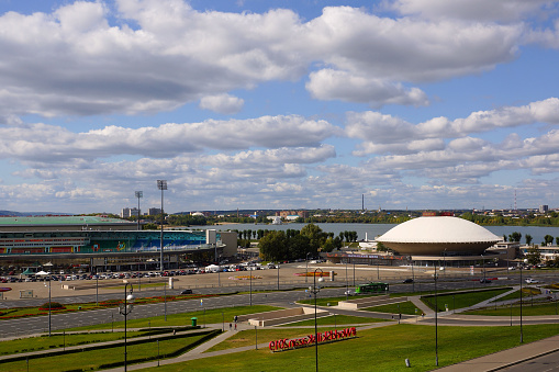 Kazan, Russia - September 4, 2019. Panorama of the city. Kazan Circus and Central Stadium on Millennium Square