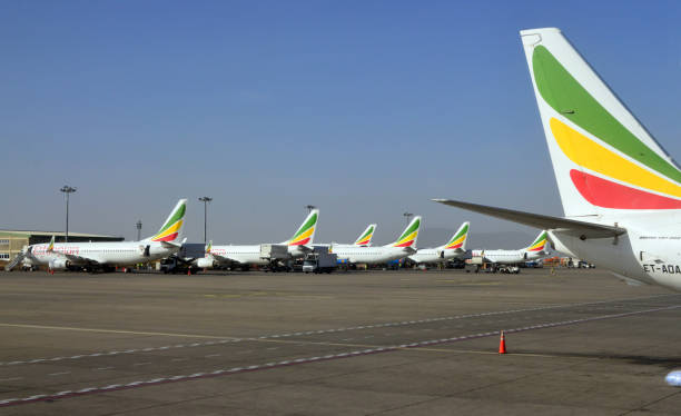 Boeing 737 NG aircraft parked at Addis Ababa Bole International Airport, Ethiopian Airlines, Addis Ababa, Ethiopia Addis Ababa, Ethiopia: seven Boeing 737 NG (New Generation) aircraft parked at Addis Ababa Bole International Airport - Ethiopian Airlines ailines operates over 30 Boeing 737s, mostly Boeing 737-700 and Boeing 737-800, but also a few Boeing 737-MAX addis ababa ethiopia photos stock pictures, royalty-free photos & images