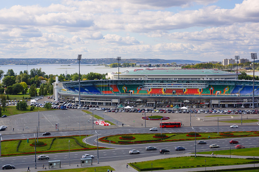 Kazan, Russia - September 4, 2019. Panorama of the city. Kazan Central Stadium on Millennium Square