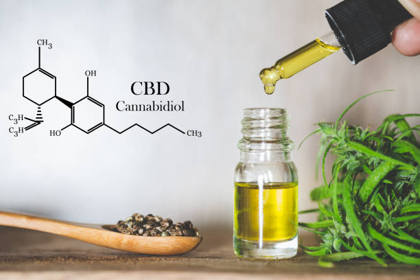 hemp oil, cbd chemical formula, cannabis oil in pipette and hemp seeds in a wooden spoon, medical herb concept - medical marijuana imagens e fotografias de stock