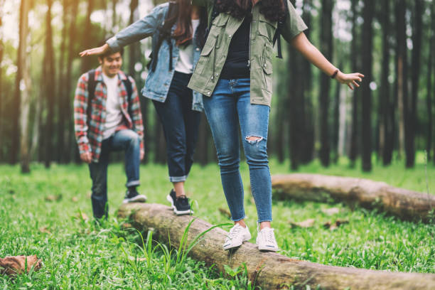 istock traveler walking on the log while hiking in the forest 1177767376