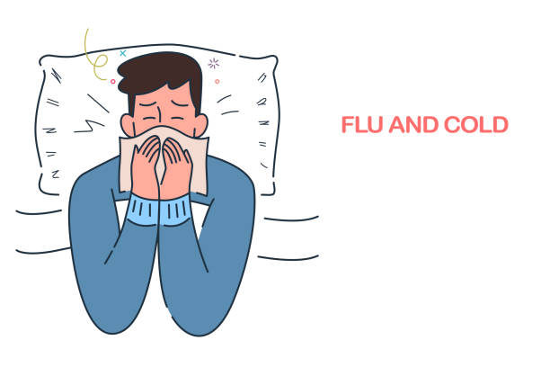 sick man lying in bed with flu and cold under the blanket, allergy seasonal infections,  hand drawn style vector illustration. sick man lying in bed with flu and cold under the blanket, allergy seasonal infections,  hand drawn style vector illustration. one man only stock illustrations
