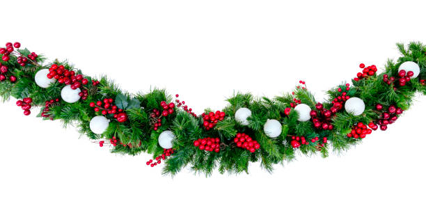 istock Christmas Garland with Red Berries and Silver Baubles Isolated on White 1177777963