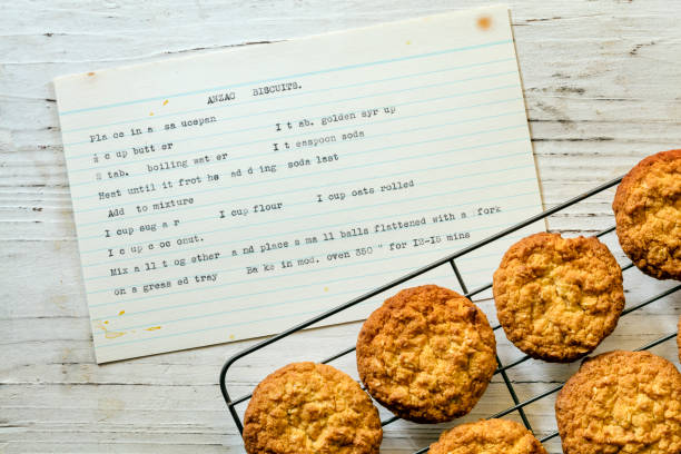 Anzac Biscuits with Vintage Typewritten Recipe Top View stock photo