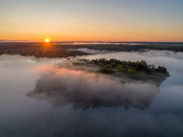 istock Aerial view over foggy lake 1177778939