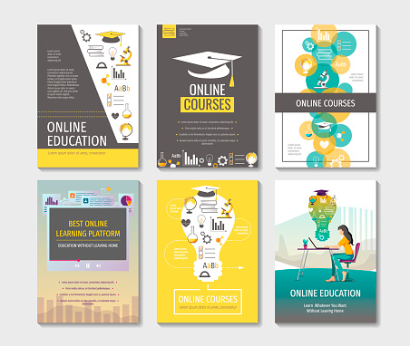 Set of flyers, posters, banners, brochure design templates. Distance education, online courses, e-learning, webinar concept.