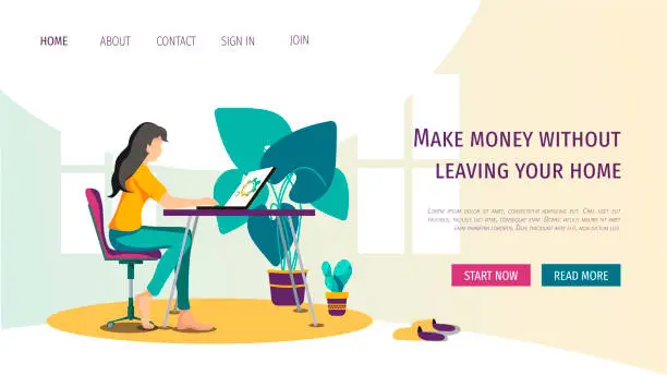 Vector illustration of Web page template with young woman working at home.