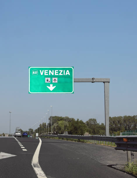 road exit of italian highway to venice island - travel outdoors tourist venice italy imagens e fotografias de stock