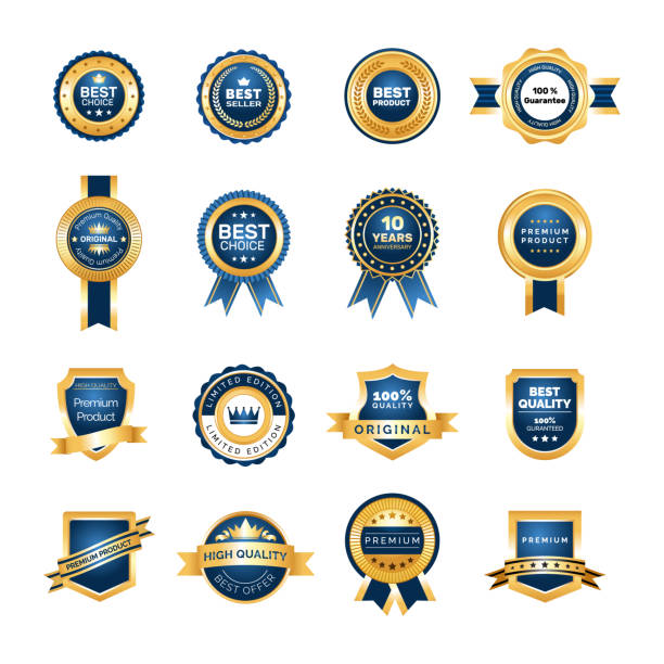 Luxury gold badges quality labels premium set. Luxury gold badges quality labels premium set. Collection medal emblem badges differents shape with ribbons, crowns, stars vector isolated illustration seal stamp stock illustrations