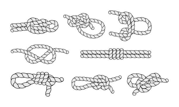 lina morska i węzeł morski, granice sznurów, wektor pętli morskiej - tied knot rope reef knot isolated stock illustrations