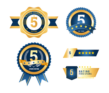 Luxury gold badges quality labels premium set of 5 stars rating, rating stamp, badge. Concept of feedback, reviews, voting for collecting statistics. Customer service rating on five-point scale vector