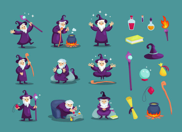 Wizard male character, mage, sorcerer in a mantle and hat Wizard male character, mage, a sorcerer in a mantle and hat. Warlock in a bathrobe, in various situations. Magic medieval accessories collection. Mystery vector illustration isolated. warnock stock illustrations