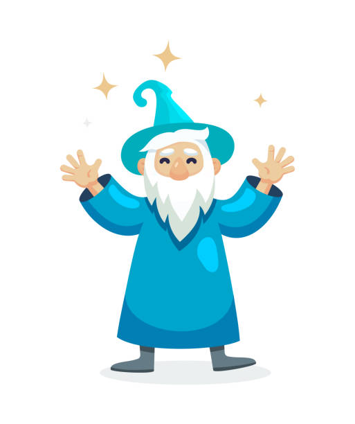 Wizard male character, mage, sorcerer in a mantle and hat Wizard male character, mage, a sorcerer in a mantle and hat. Warlock with hands up. Concept of magic and witchcraft. Wizard male cartoon vector illustration isolated. merlin the wizard stock illustrations