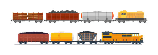 Freight train with wagons, tanks, freight, cisterns. Freight train with wagons, tanks, freight, cisterns. Railway locomotive train with oil wagon, transportation cargo. Transportation of oil, sand, wood. Modern freight traffic vector flat illustration freight train stock illustrations