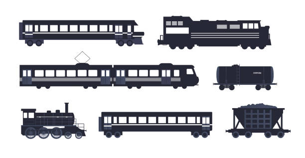 vintage pociąg sylwetka kolekcja ilustracja wektorowa izolowane - truck sign car transporter industry stock illustrations