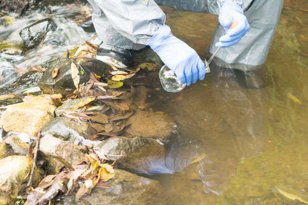 istock a man in a protective suit and gloves draws water from a stream using a pipette and a flask, close-up 1177789270