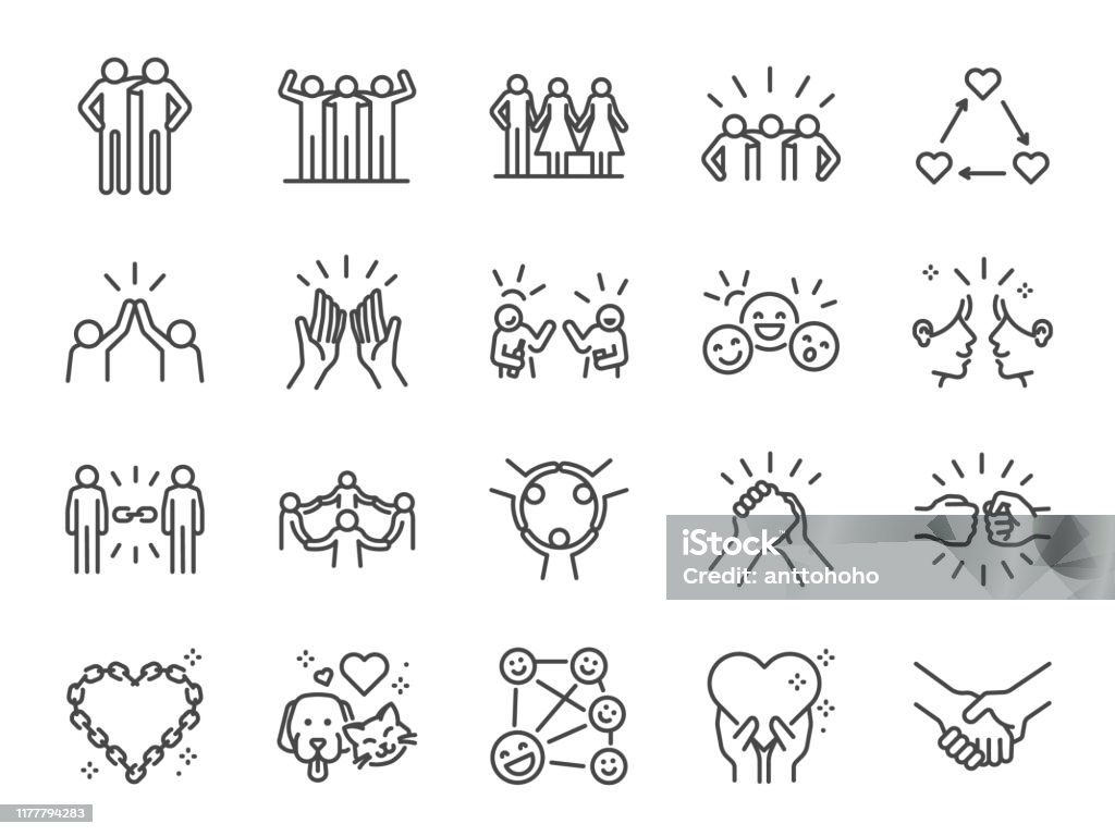 Conjunto de iconos de línea de amistad. Incluye iconos como amigo, relación, amigo, saludo, amor, cuidado y más. - arte vectorial de Ícono libre de derechos