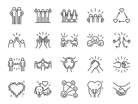 Friendship line icon set. Included icons as friend, relationship, buddy, greeting, love, care and more.