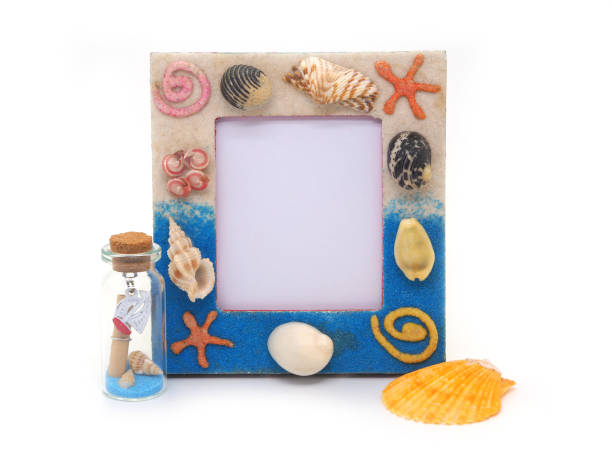 Blue picture frame  sea shell isolated on white background.