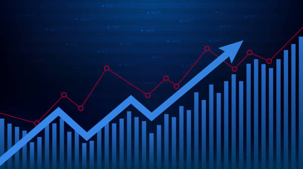 illustrazioni stock, clip art, cartoni animati e icone di tendenza di grafico finanziario astratto con grafico freccia verso l'alto in borsa in sfondo blu - graph arrow sign chart single line