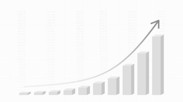 白黒の色の背景に株式市場の上向きのトレンドライン3dグラフと矢印を持つ抽象的な金融チャート - stock market white colors finance点のイラスト素材／クリップアート素材／マンガ素材／アイコン素材