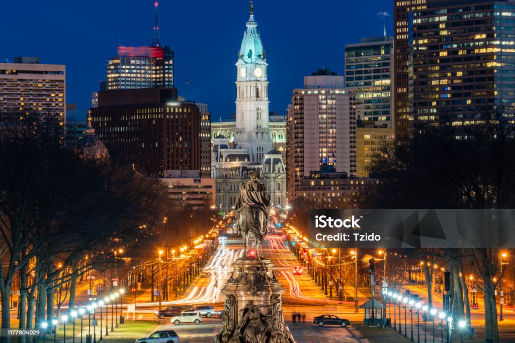 Scene of George Washington statue oand street in Philadelphia over the city hall with cityscape background at the twilight time, United States of America or USA, history and culture for travel concept Washington DC Stock Photo