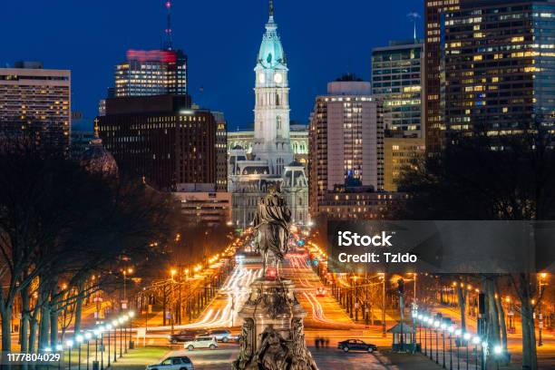 Scene Of George Washington Statue Oand Street In Philadelphia Over The City Hall With Cityscape Background At The Twilight Time United States Of America Or Usa History And Culture For Travel Concept Stock Photo - Download Image Now