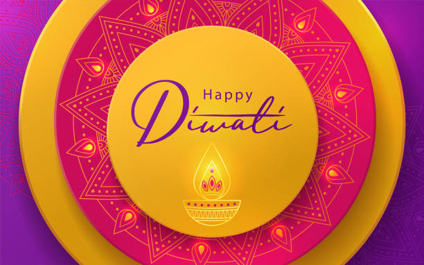 ilustrações de stock, clip art, desenhos animados e ícones de diwali hindu festival greeting design in paper cut style with beautiful bright lights, oil lamp and flowers of lights - mandala circle hinduism pattern