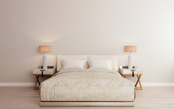 istock Horizontal mock up poster frame in modern interior background, luxury bed with clean bedding in modern bedroom, Scandinavian style, 3D render, 3D illustration 1177809710
