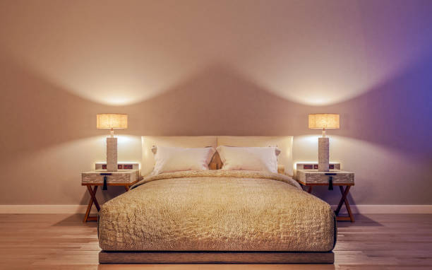 istock Horizontal mock up poster frame in modern interior background, luxury bed with clean bedding in modern bedroom, night scene, Scandinavian style, 3D render, 3D illustration 1177809714