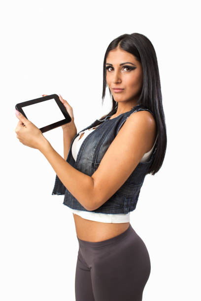 Beautiful woman holding digital tablet with white display