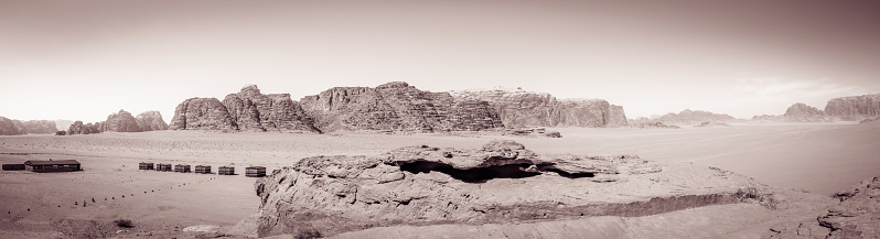 Panoramic Approach to Wadi Rum - Shapes of Mountains (Vintage BW)