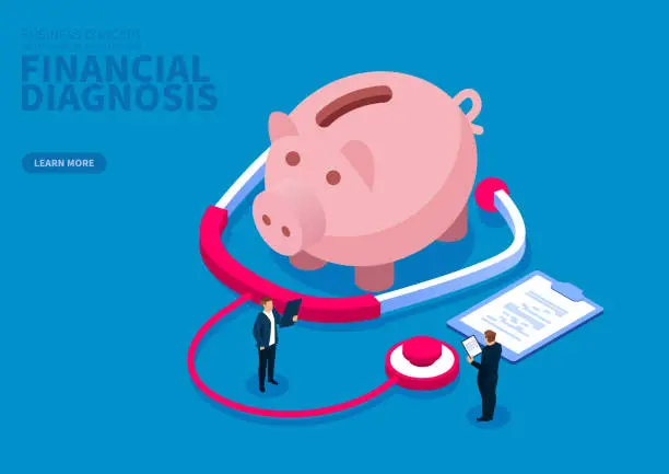 Vector illustration of Stethoscope check piggy bank, financial check report, financial diagnosis